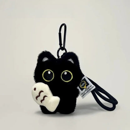 Cute Black Cat Plush Keychain – Kawaii Cartoon Bag Charm with Fish Toy