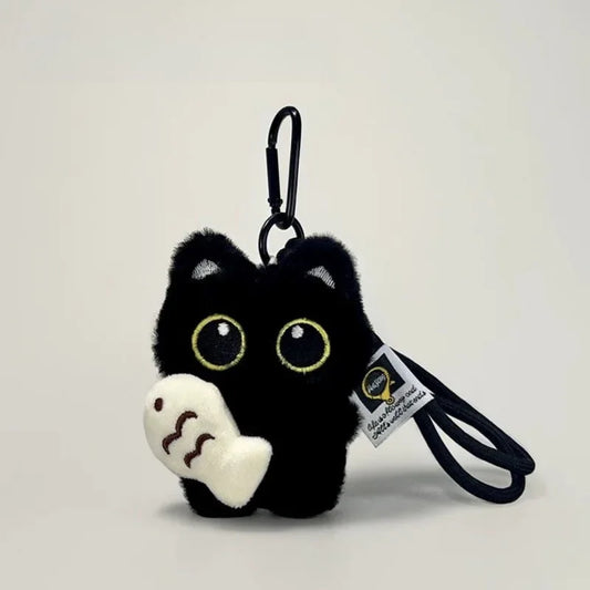 Cute Black Cat Plush Keychain – Kawaii Cartoon Bag Charm with Fish Toy
