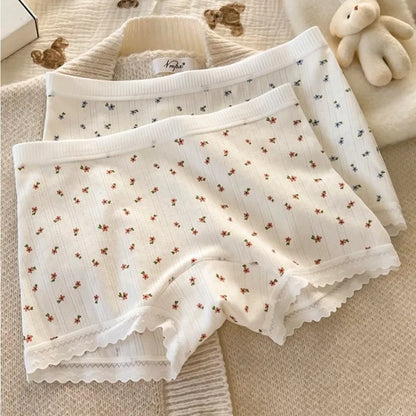 Cute Floral Lace Boyshort Panties – Soft Breathable Mid Waist Seamless Underwear for Women