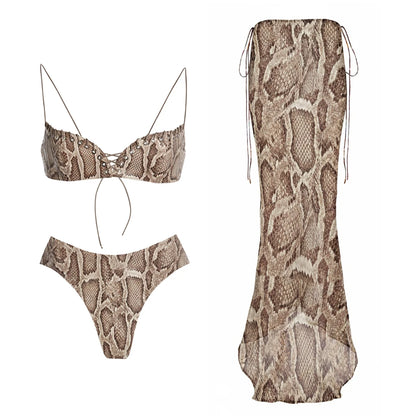 Snake Print Lace Up Bikini Set Women Strappy Swimsuit with Skirt Resort Beachwear