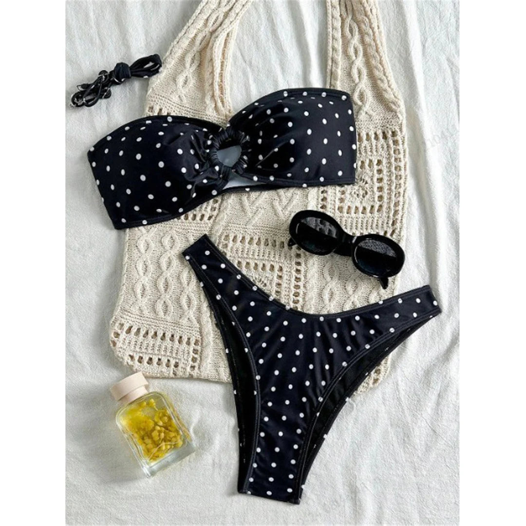 Polka Dot Bandeau Brazilian Bikini Set Women Two Piece Swimsuit Retro Summer Swimwear