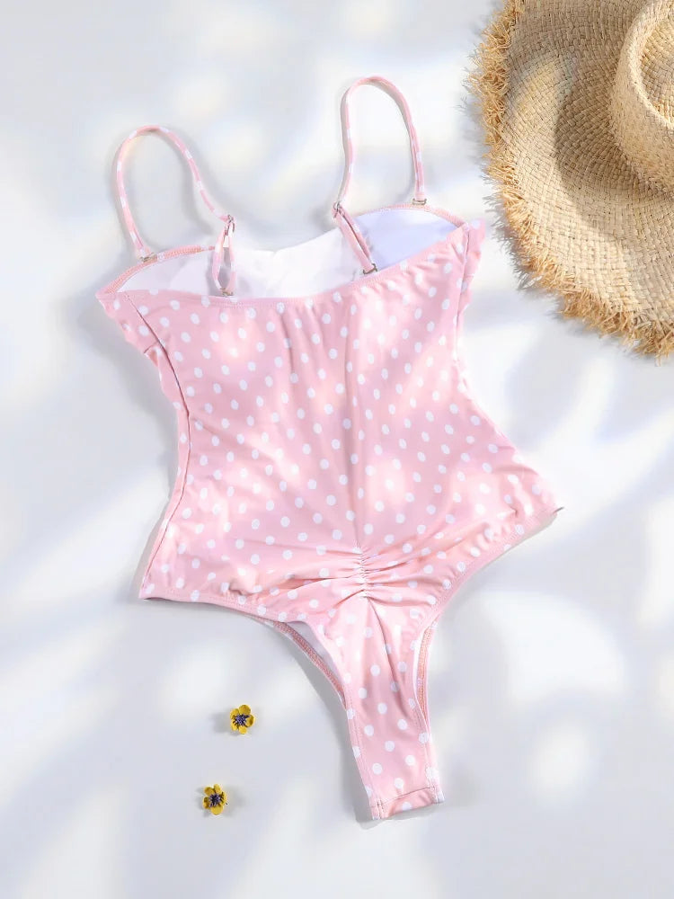 Pink Flower High Cut Bikini Women Push Up Swimsuit Retro Dot Print Summer Beachwear