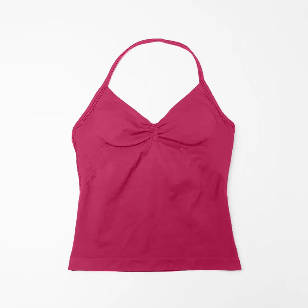 Pink Halter Neck Ruched Active Tank Top
