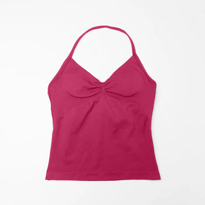 Pink Halter Neck Ruched Active Tank Top