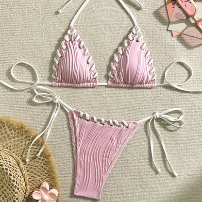 Sexy Ribbed String Bikini Set – Women’s Triangle Tie Side Swimsuit, Minimalist Beach Swimwear for Summer Vacation