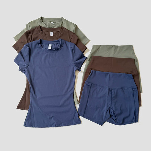 Women’s Short Sleeve Workout Set – T-Shirt & High Waist Biker Shorts