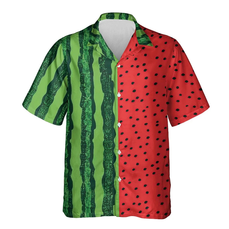 Watermelon Graphic Hawaiian Shirt 3D Fruit Print Summer Button Up Top
