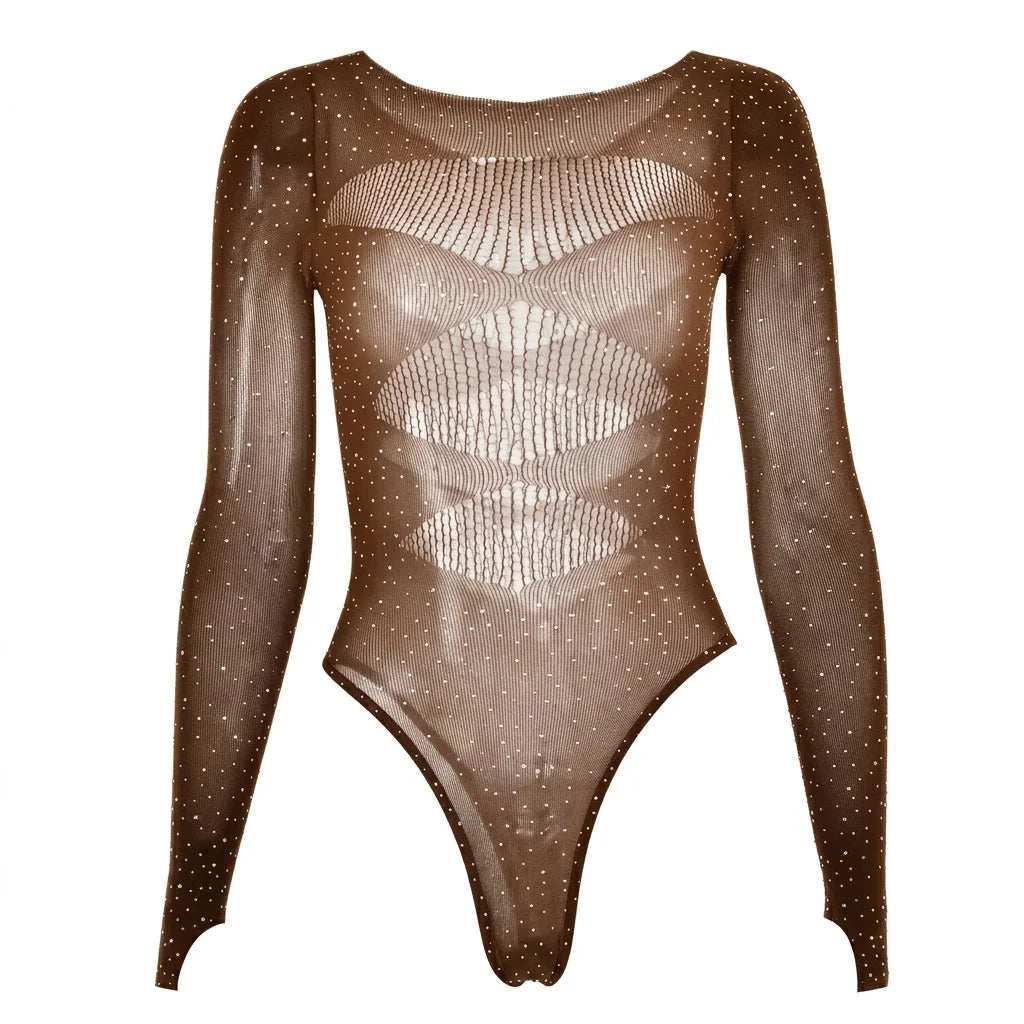 Women's Sexy Black Bodysuits Rhinestone Lingerie Sparkling Jumpsuit 2026 Fashion New Female Date Party Clubwear Outfits