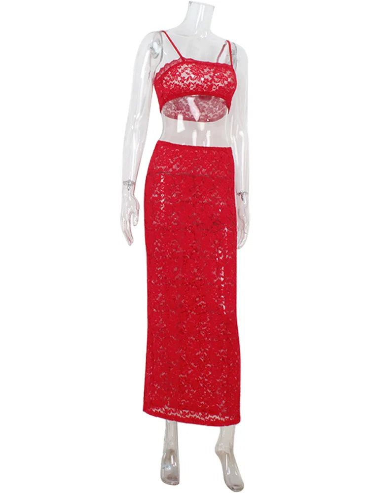 Sexy Red Two Piece Skirt Set, Strapless Tube Top & High Waisted Maxi Skirt, Women’s Summer Vacation Outfit, Elegant Bodycon Set