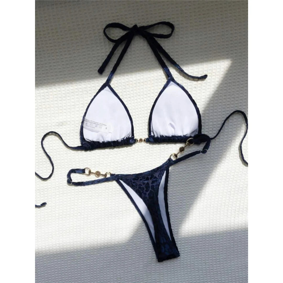 Leopard Pearl Micro Thong Bikini Set Women Two Piece Swimsuit Y2K Beachwear