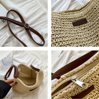 Boho Straw Crossbody Bag – Woven Rattan Shoulder Purse for Women Summer Style