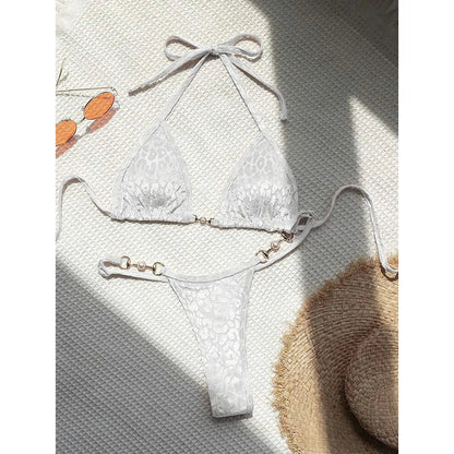 Leopard Pearl Micro Thong Bikini Set Women Two Piece Swimsuit Y2K Beachwear