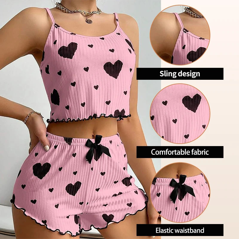 Cute Heart Print Pajama Romper – Women’s Sleeveless Summer Lounge Wear