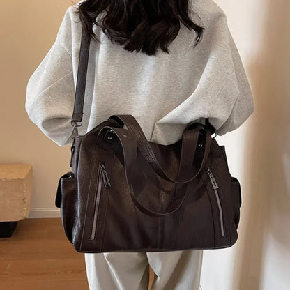 Vintage Leather Tote Shoulder Bag – Large Capacity Crossbody Handbag for Women