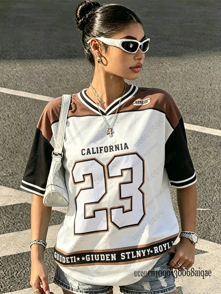 2026 Speed 23 Oversized Jersey T-Shirt Women Y2K Sport Style V-Neck Summer Streetwear Graphic Tee
