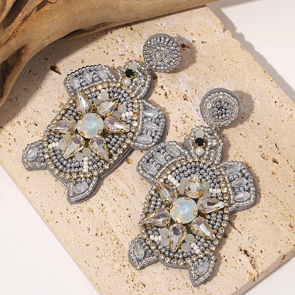 Boho Beach Statement Earrings – Handmade Beaded Starfish Seahorse Shell Drop Earrings for Women
