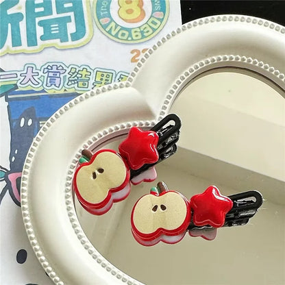 2Pcs/Lot Cute Apple Star Hair Clips – Kawaii Cartoon Snap Barrettes for Girls & Women