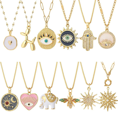 Gold Charm Pendant Necklace Collection – Celestial Eye Heart Sun Moon Layered Necklaces for Women