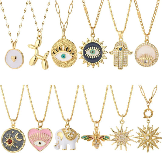 Gold Charm Pendant Necklace Collection – Celestial Eye Heart Sun Moon Layered Necklaces for Women