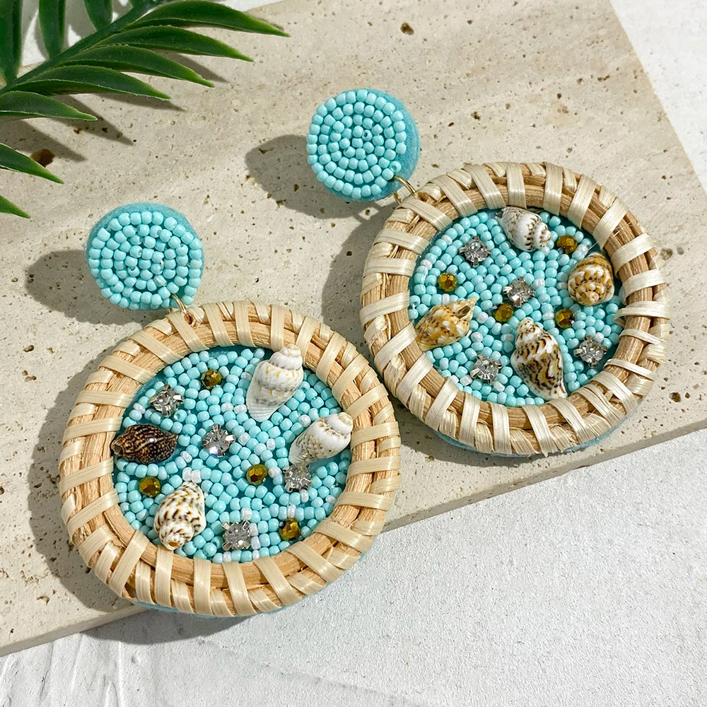 Boho Beach Statement Earrings – Handmade Beaded Starfish Seahorse Shell Drop Earrings for Women