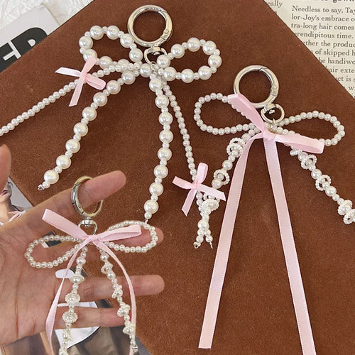 2026 New Korean Fashion Sweet Pearl Bow Keychain, Pearl Bow Keychain – Elegant Coquette Bag Charm with Pink Ribbon