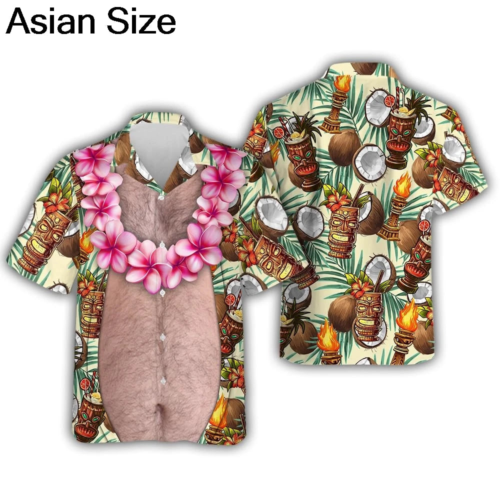 Funny Big Belly Hawaiian Shirt Y2K Tropical Vacation Button Down Top