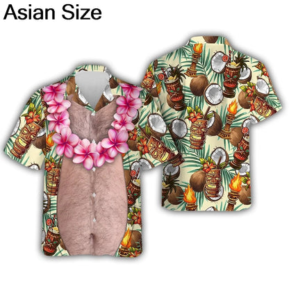 Funny Big Belly Hawaiian Shirt Y2K Tropical Vacation Button Down Top