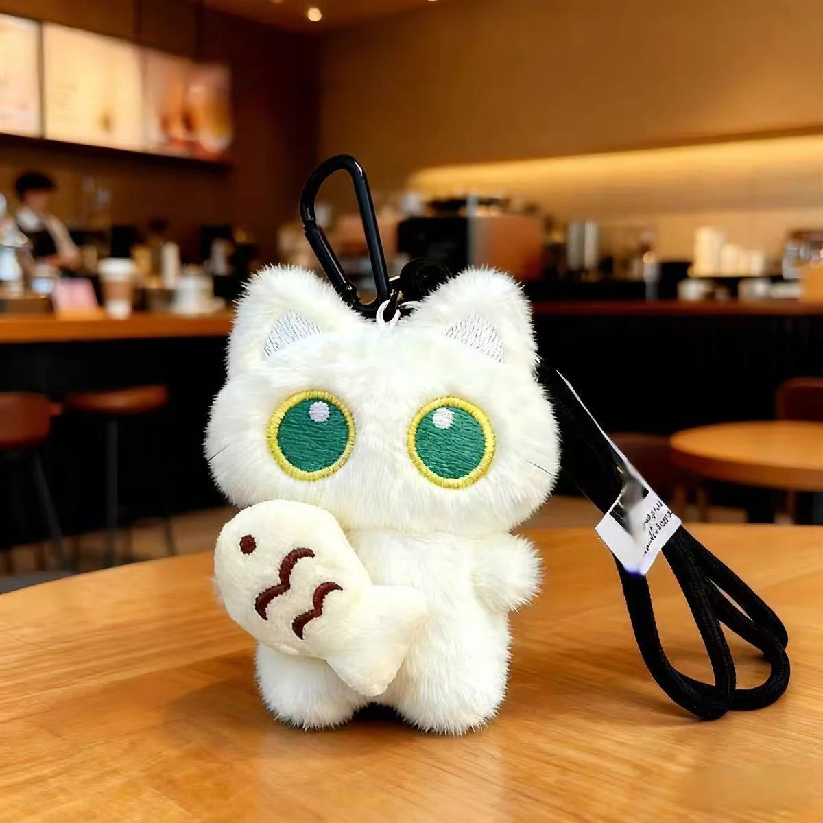 Cute Black Cat Plush Keychain – Kawaii Cartoon Bag Charm with Fish Toy