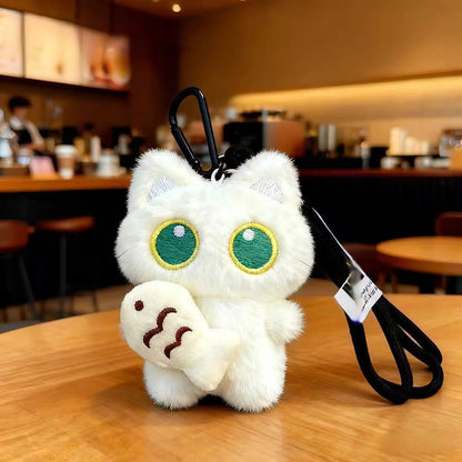Cute Black Cat Plush Keychain – Kawaii Cartoon Bag Charm with Fish Toy