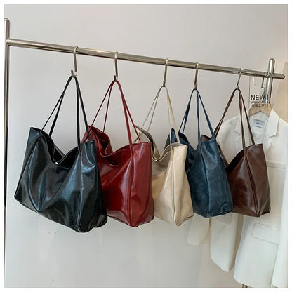 Vintage Leather Hobo Tote Bag – Large Capacity Slouchy Shoulder Handbag for Women