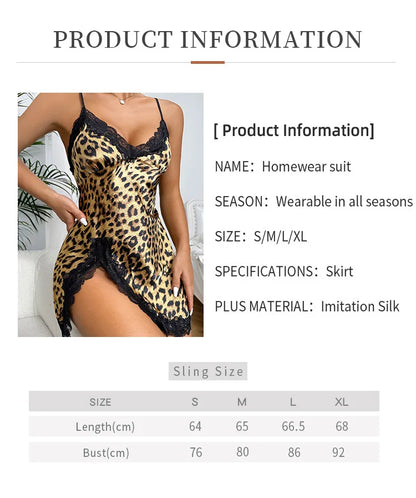Sexy Leopard Print Satin Nightdress – Women’s Lace Trim Spaghetti Strap Sleepwear Mini Slip Dress