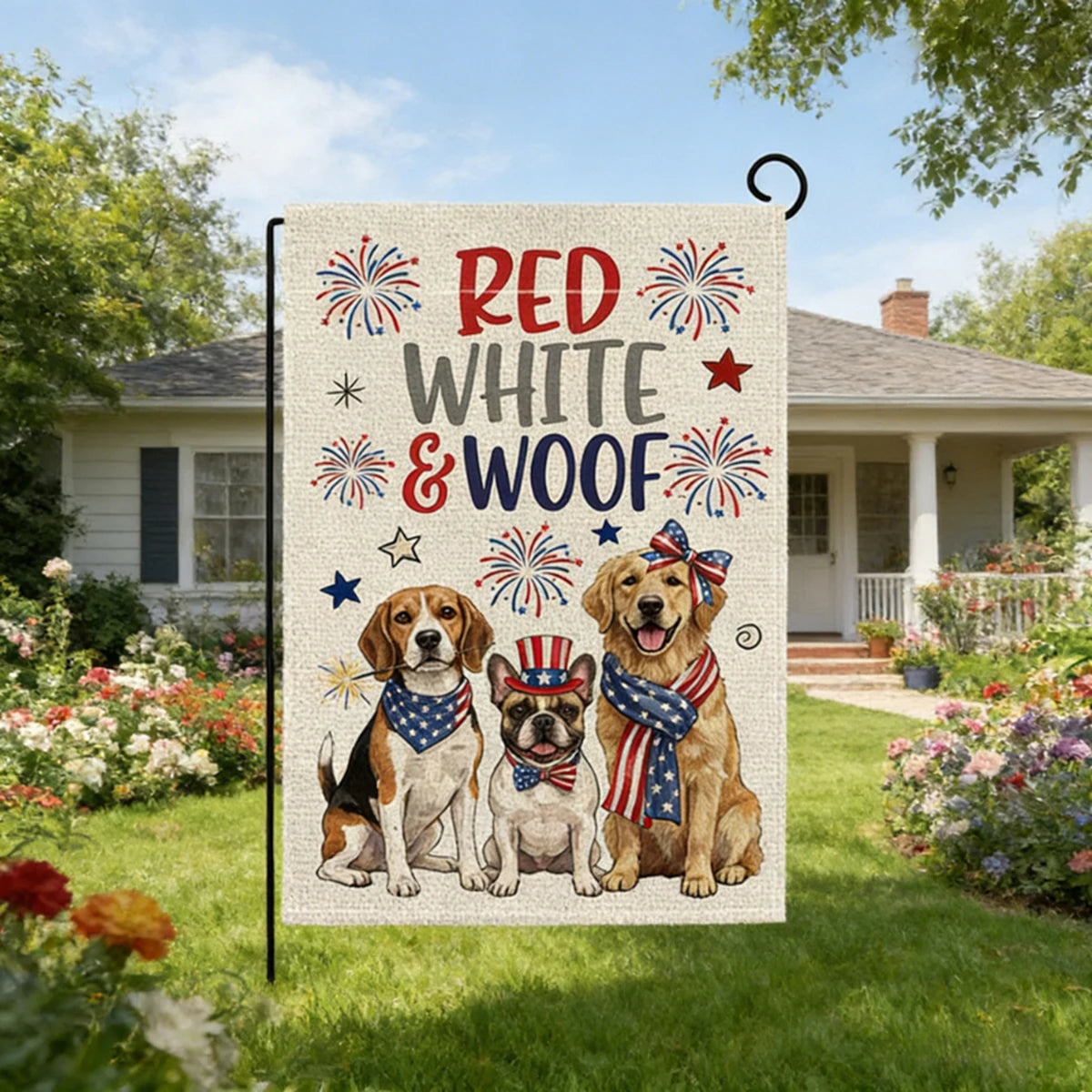4th of July Yard Flags Red White and Blue Flower Dog Patriotic Garden Flag for Lawn Outdoor Holiday Decorations