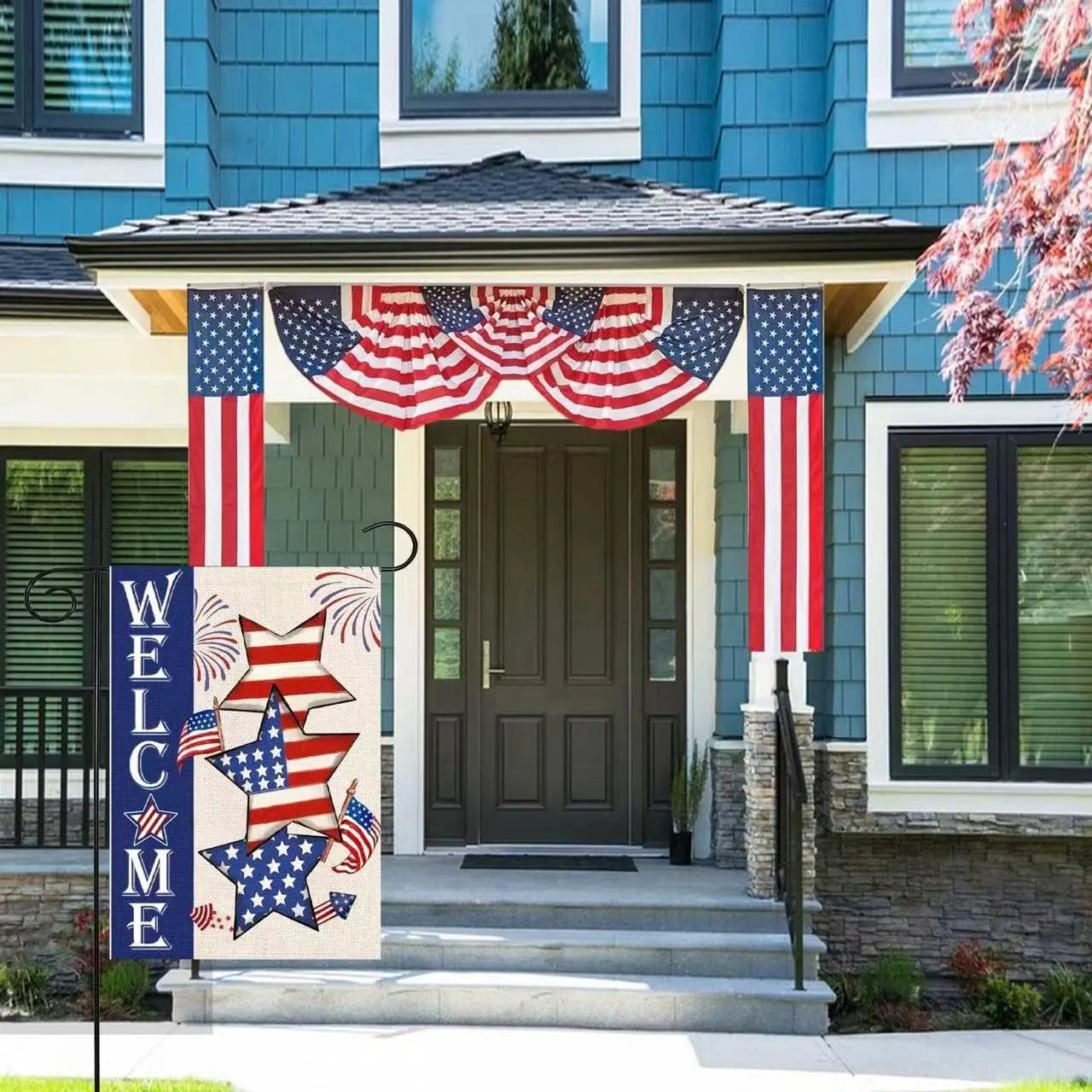 4th of July Patriotic Welcome Garden Flag 12x18 Vertical Double Sided Flag Stars Red Blue Memorial Day Independence Day
