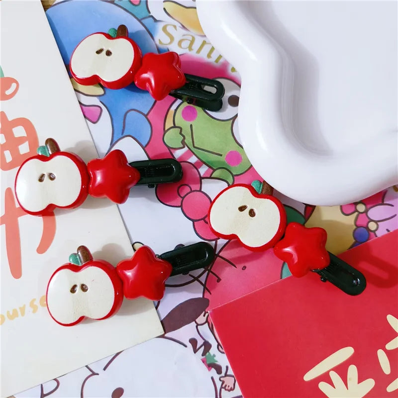 2Pcs/Lot Cute Apple Star Hair Clips – Kawaii Cartoon Snap Barrettes for Girls & Women