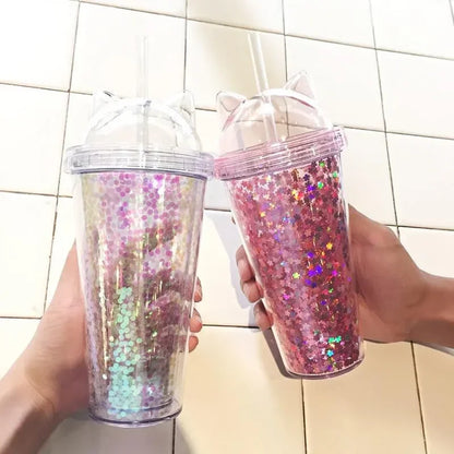 Cute Cat Ear Glitter Straw Cup Creative Plastic Water Bottle for Girls