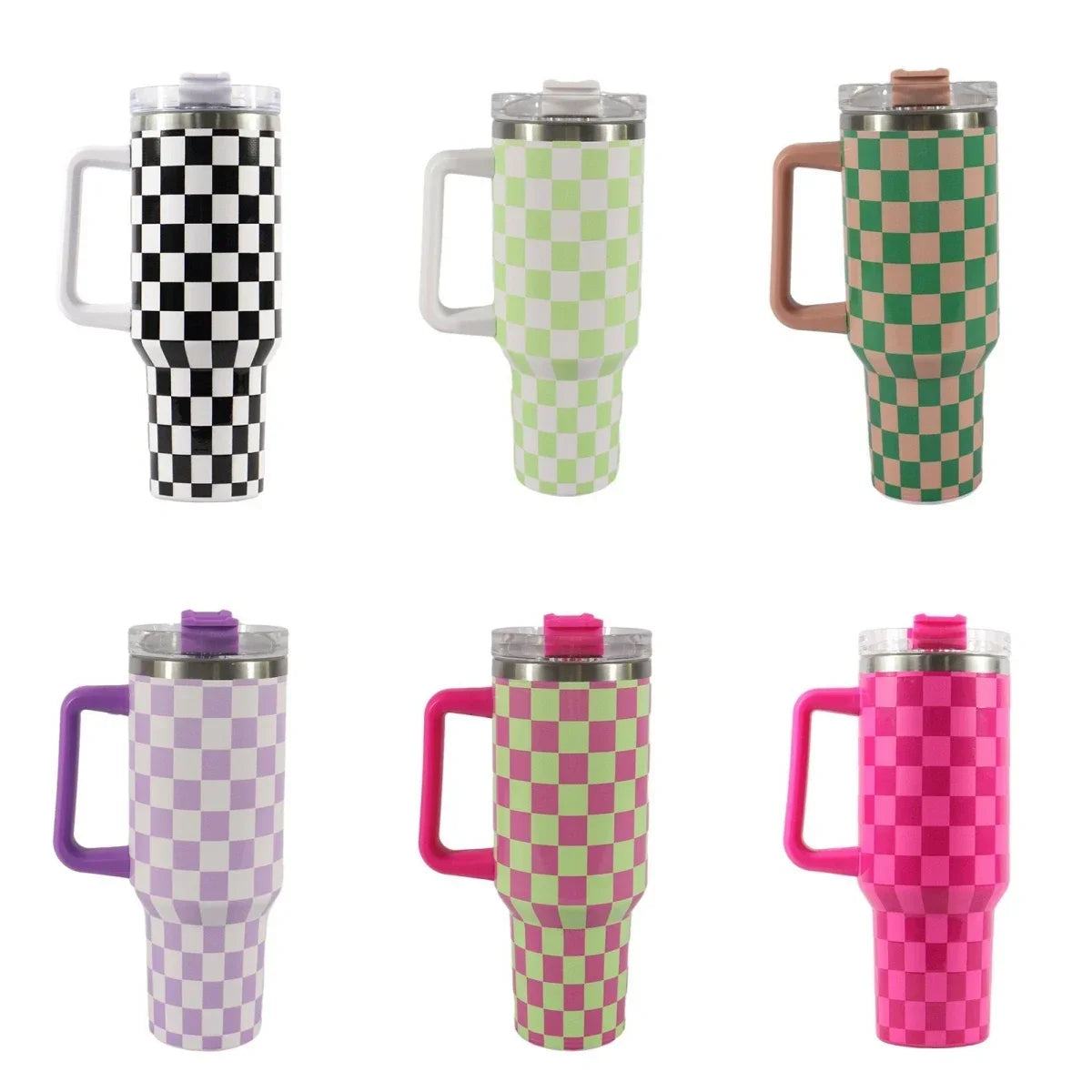 40oz Checkered Stainless Steel Tumbler with Handle Insulated Travel Mug