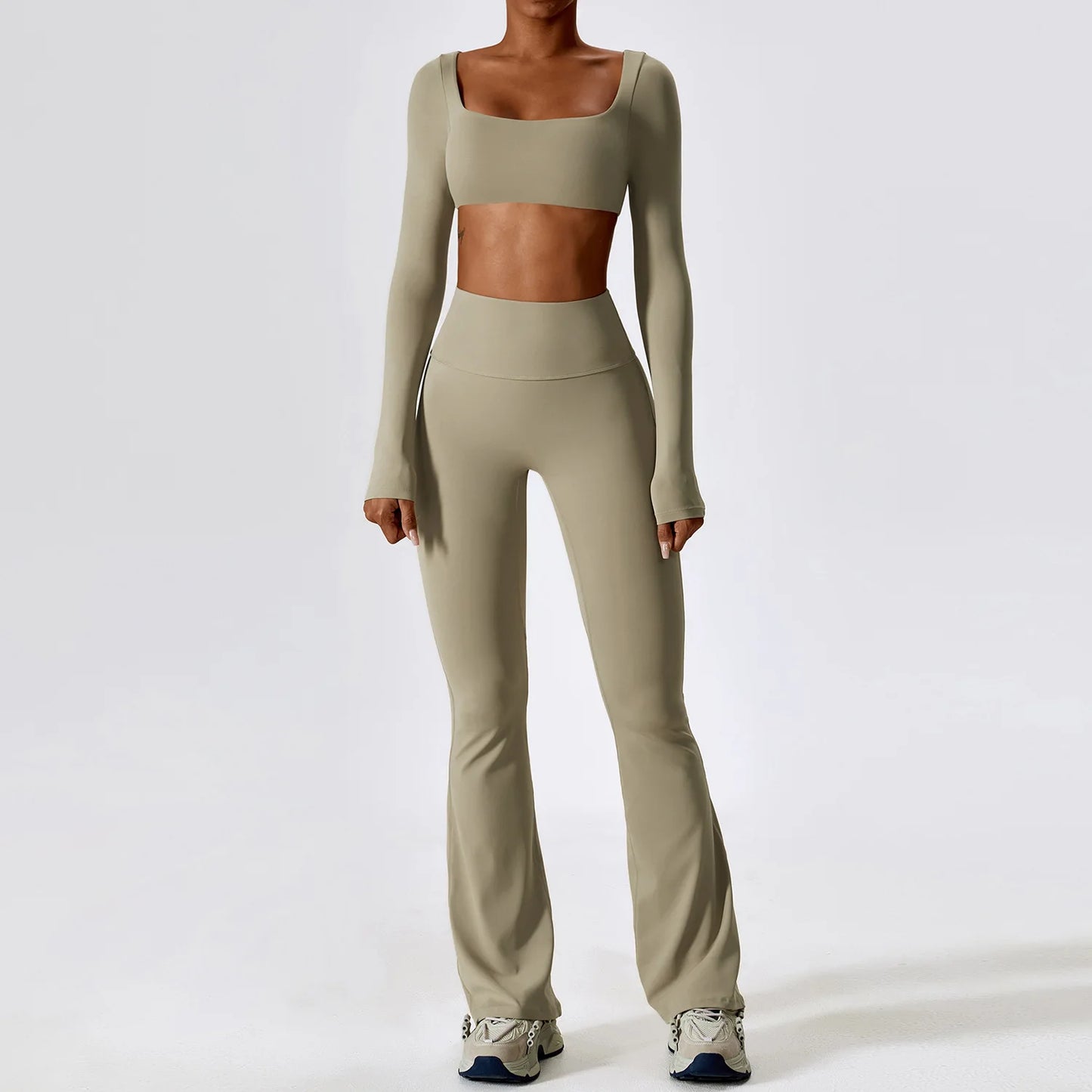 Sage Green Long Sleeve Crop Top & Flare Leggings Set