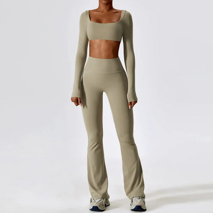 Sage Green Long Sleeve Crop Top & Flare Leggings Set