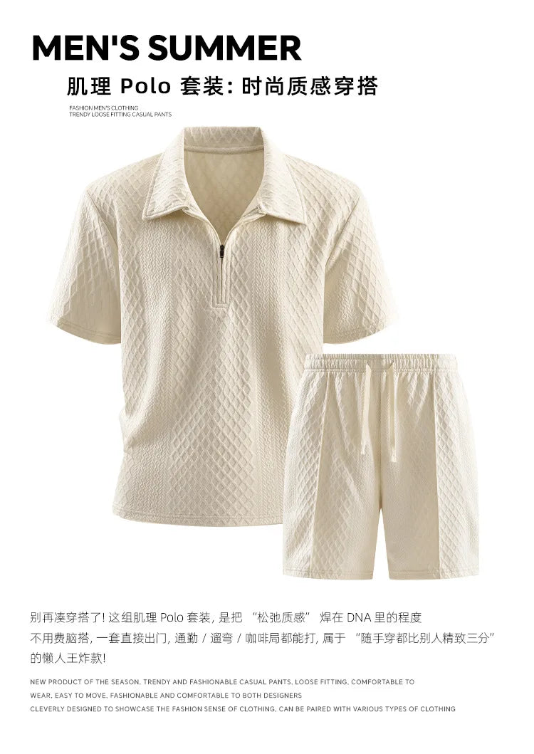 Men’s Luxury Textured Tracksuit Set – Short Sleeve Polo & Shorts Outfit