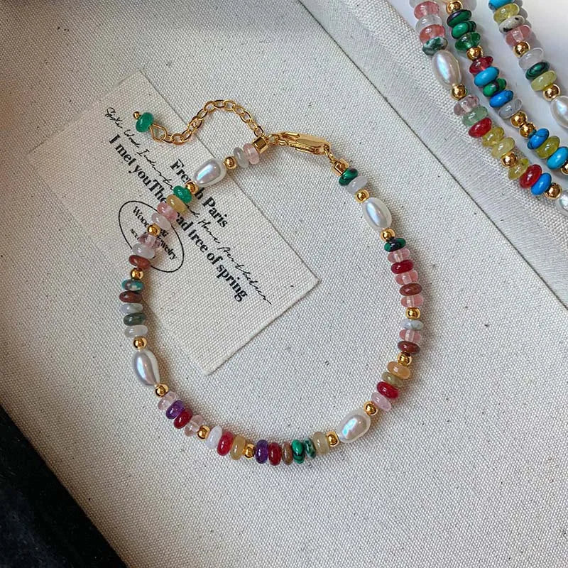 Boho Colorful Beaded Necklace – Handmade Pearl & Gemstone Choker Jewelry for Women, Trendy Vintage Layering Necklace Gift