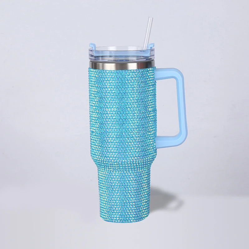 40oz Rhinestone Tumbler with Handle Insulated Thermos Cup Sparkling Travel Mug