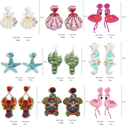 Boho Beach Statement Earrings – Handmade Beaded Starfish Seahorse Shell Drop Earrings for Women