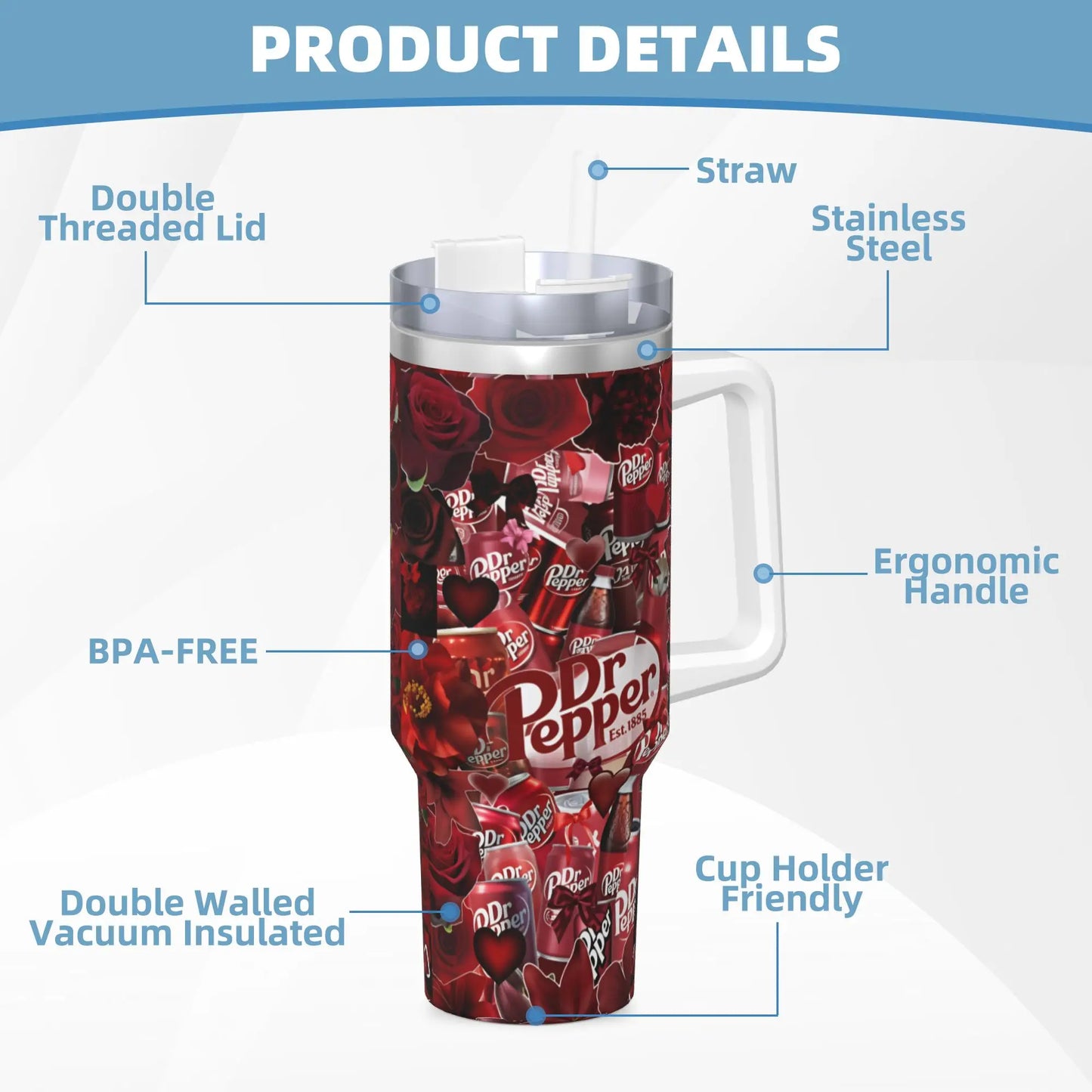 Dr Pepper Rose Tumbler – 40oz Insulated Stainless Steel Travel Mug with Handle