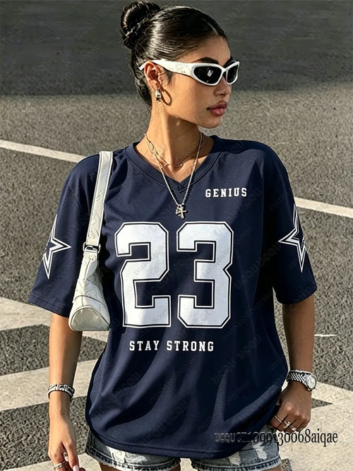 2026 Speed 23 Oversized Jersey T-Shirt Women Y2K Sport Style V-Neck Summer Streetwear Graphic Tee