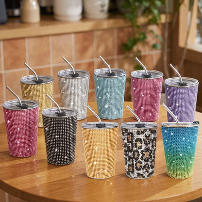500ml Rhinestone Stainless Steel Water Bottle with Straw Luxury Sparkling Cup