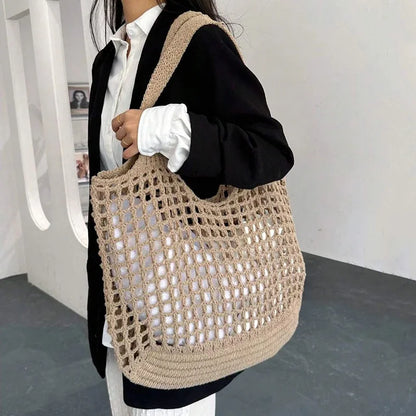 Boho Raffia Crochet Tote Bag | Aesthetic Summer Beach Handbag