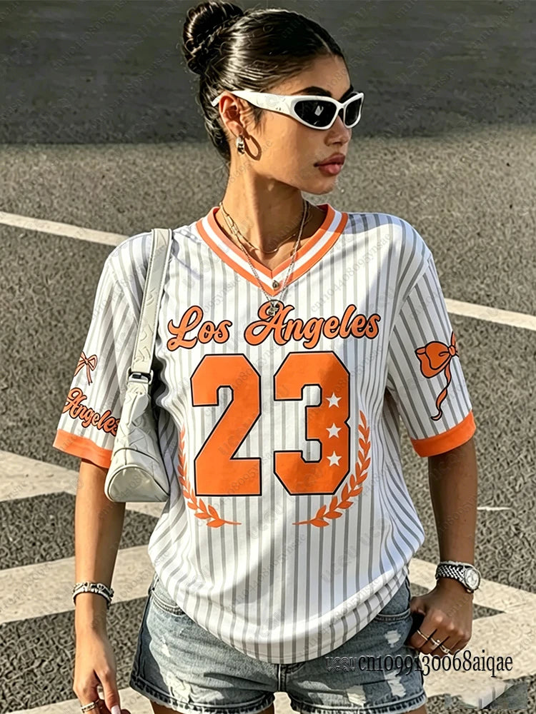 Summer New Los Angeles 23 Print Stripe T-shirt For Women V-Neck Short Sleeve Tees Sports Football Jersey Y2K Loose Oversized Top