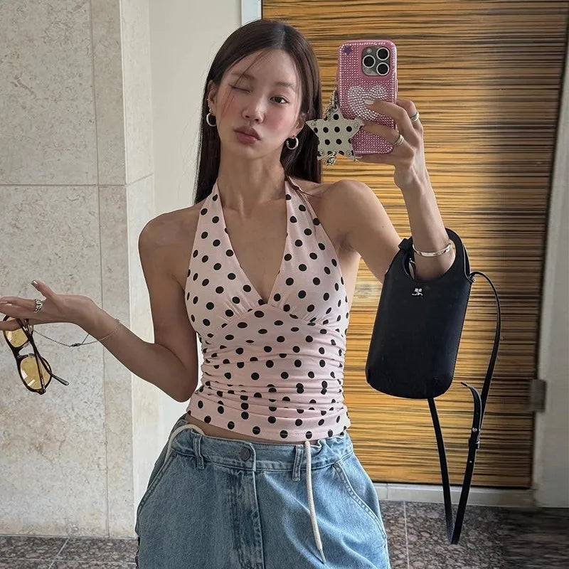 Polka Dots Tank Tops Women Sexy Low-Neck Off Shoulders Backless Street Fashion Versatile Style Ruched Elegant Outfits
