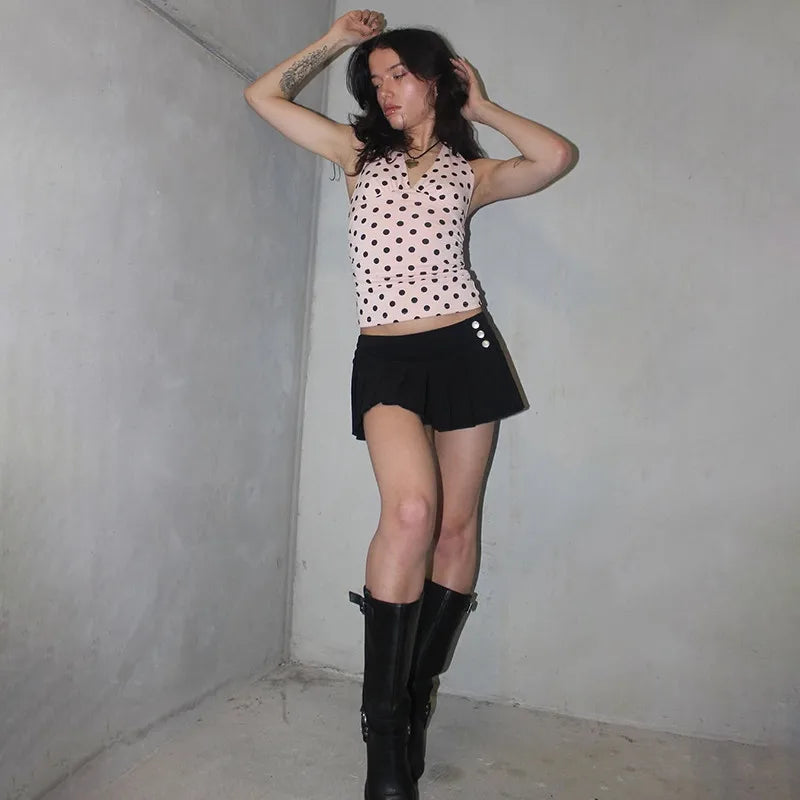 Polka Dots Tank Tops Women Sexy Low-Neck Off Shoulders Backless Street Fashion Versatile Style Ruched Elegant Outfits