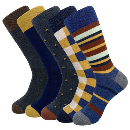 5 Pairs Men’s Dress Crew Socks Set – Classic Patterned Business Casual Socks